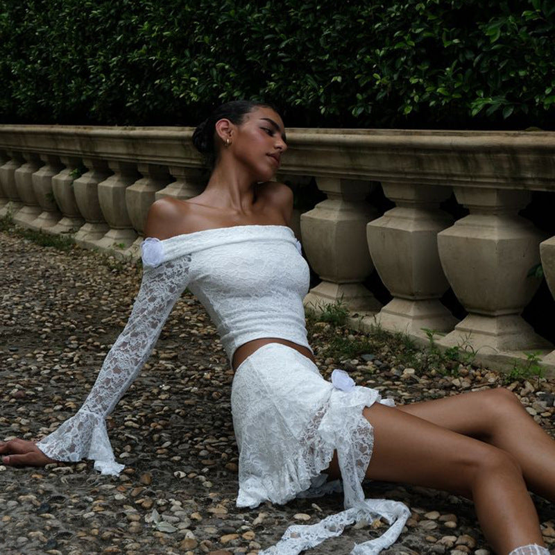 white lace off shoulder skirt set women