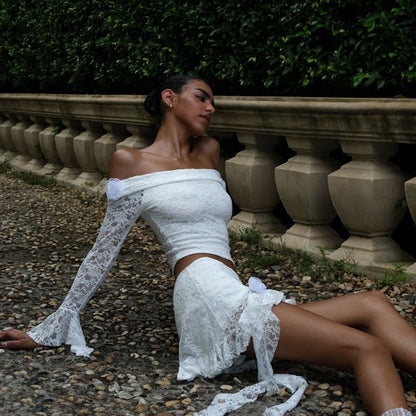 white lace off shoulder skirt set women