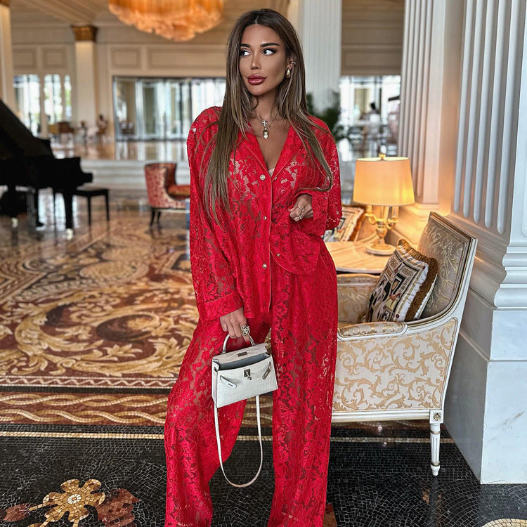 women lace suit with collared shirt and lace pants 1 S