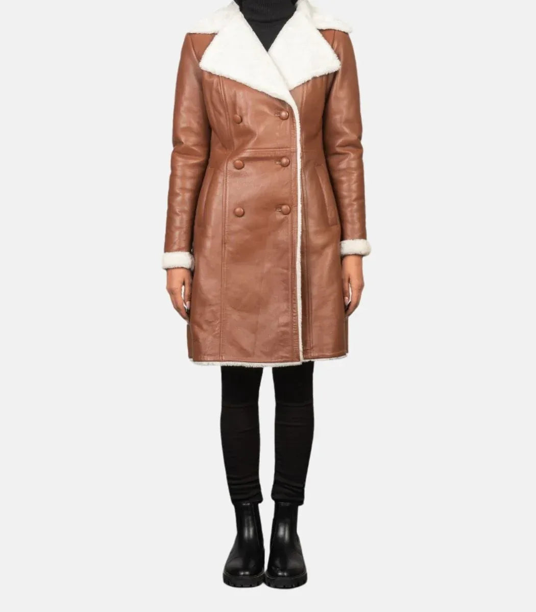 Womens Leather Long Coat Double Breasted Shearling Collar Jacket
