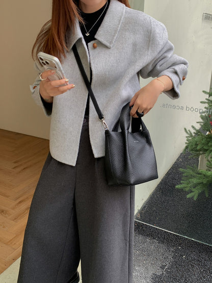 Leather basket bucket bag women cowhide