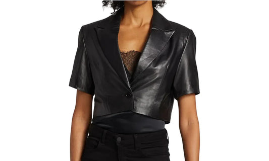 Women's Leather Cropped Top Jacket Black Lambskin Cropped
