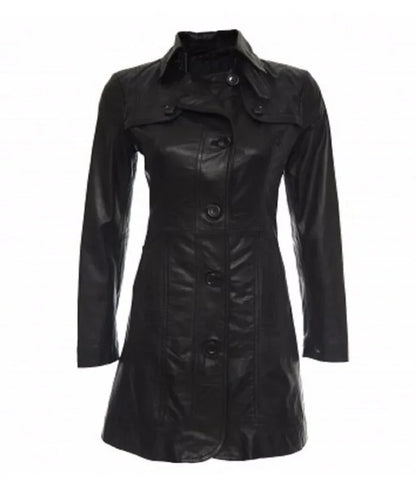 Women Leather Trench Coat Black Genuine Leather Long Coat