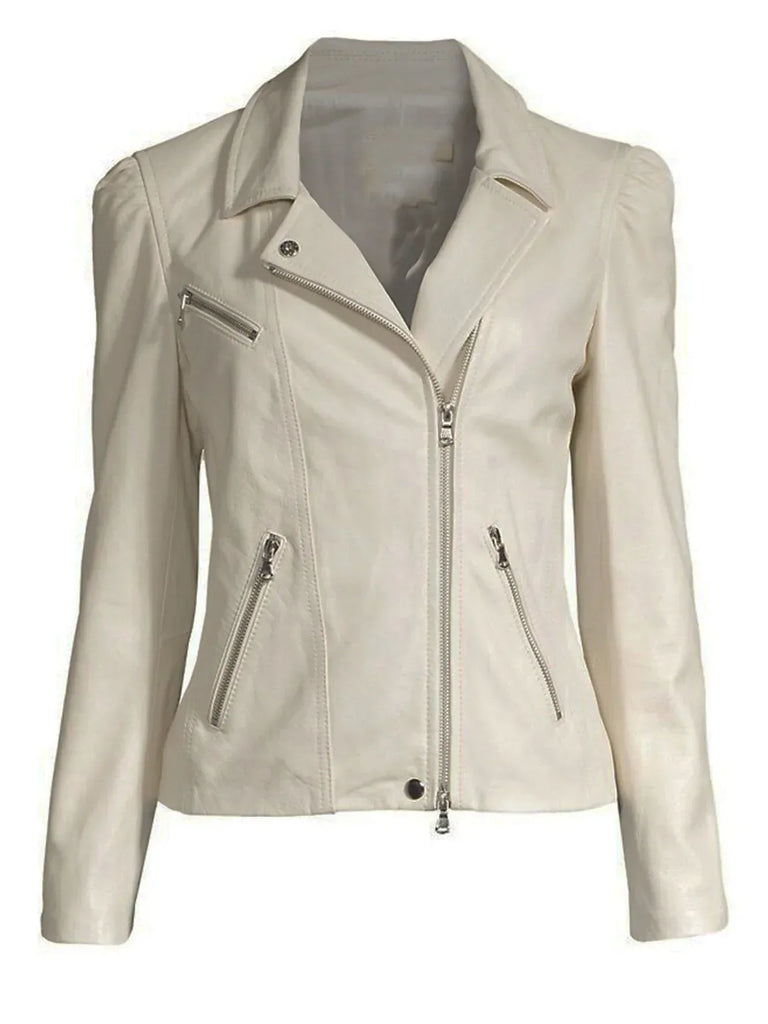 Women White Leather Biker Jacket Fitted Moto Womens