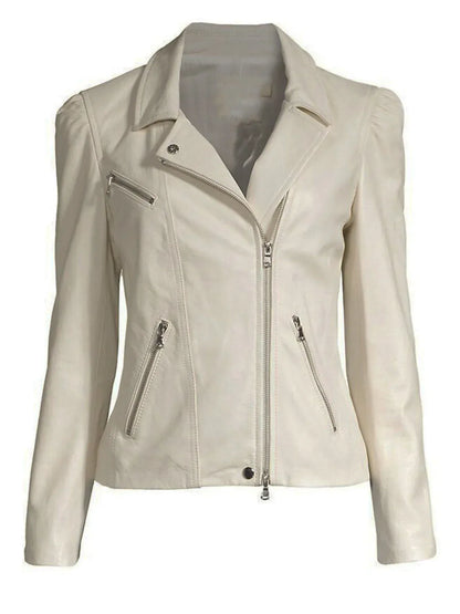 Women White Leather Biker Jacket Fitted Moto Womens