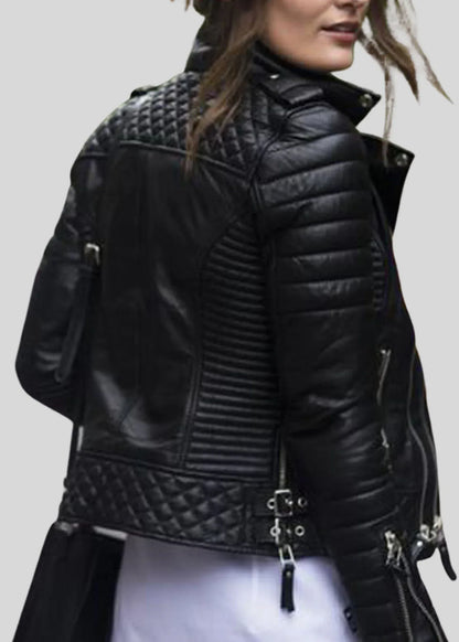 Black Leather Jacket Womens Quilted Biker Slim Fit Style