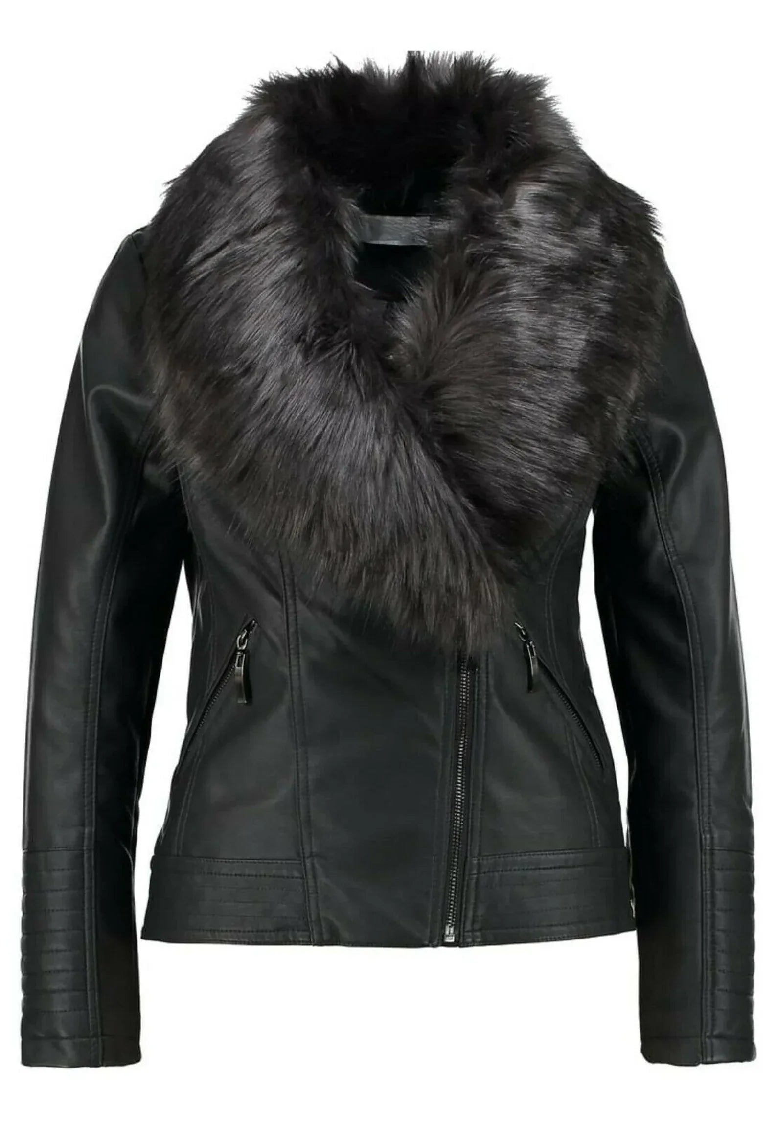 Black Shearling Coat Women Leather Fur Collar Jacket