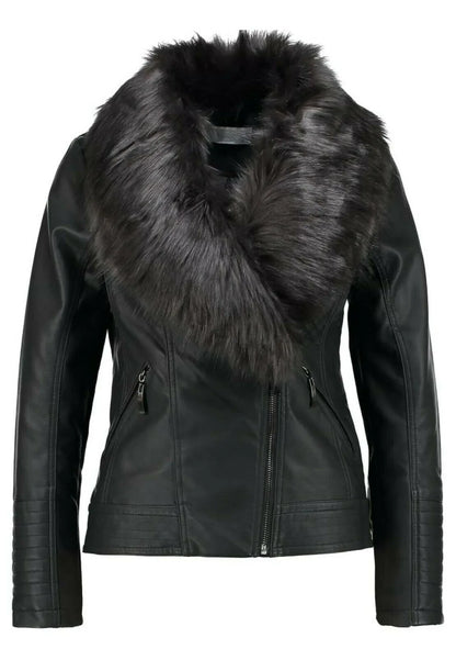 Black Shearling Coat Women Leather Fur Collar Jacket