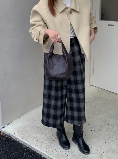 Leather basket bucket bag women cowhide