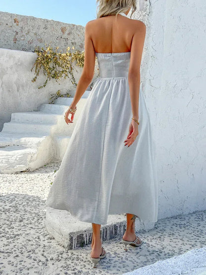 White Backless Maxi Sleeveless Halter Neck Wedding Dress