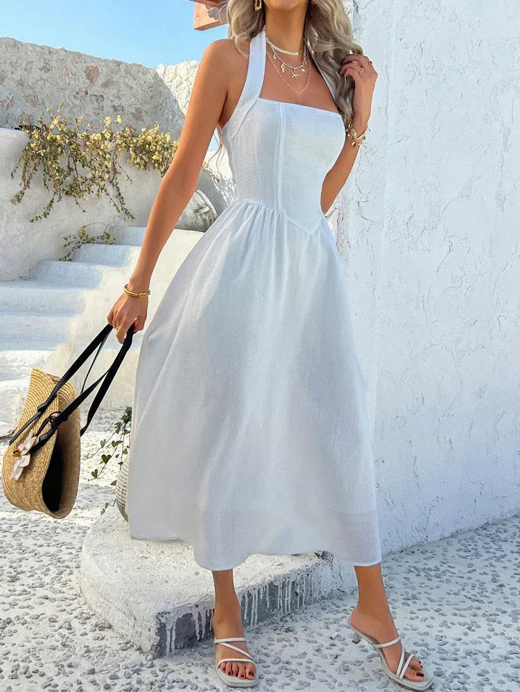 White Backless Maxi Sleeveless Halter Neck Wedding Dress