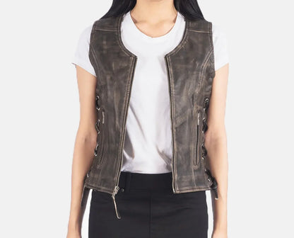 Distressed Original Leather Women Biker Vest
