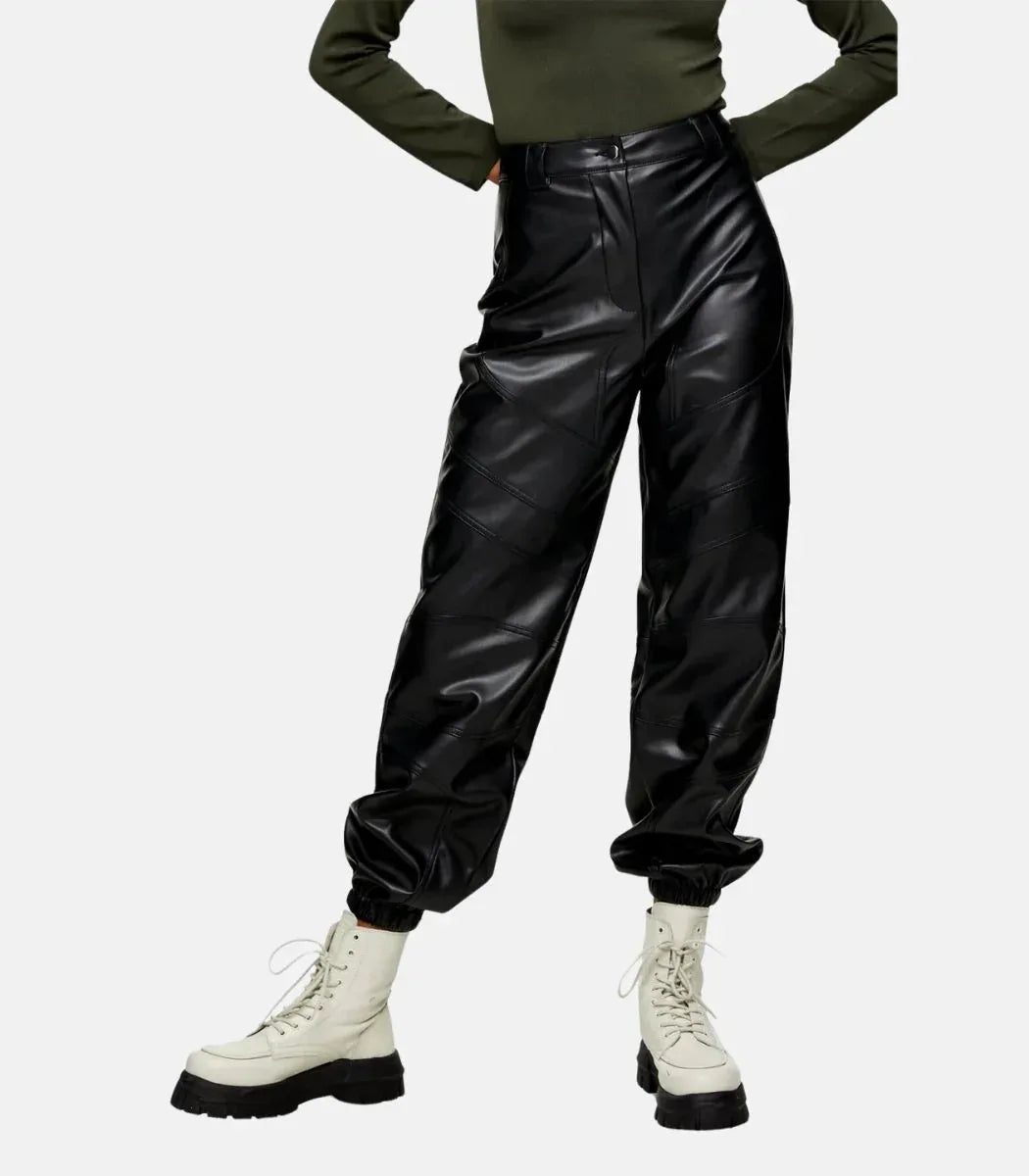 Women black genuine leather trousers high waist slim fit