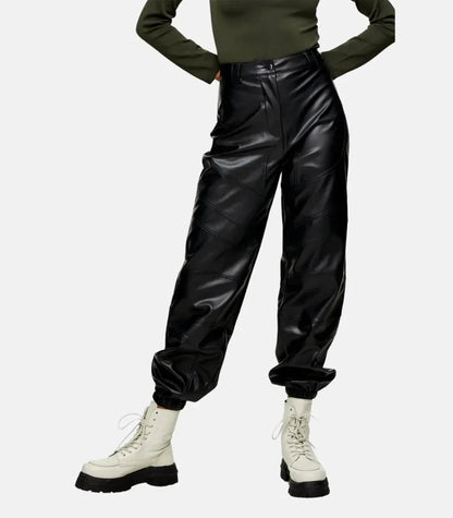 Women black genuine leather trousers high waist slim fit