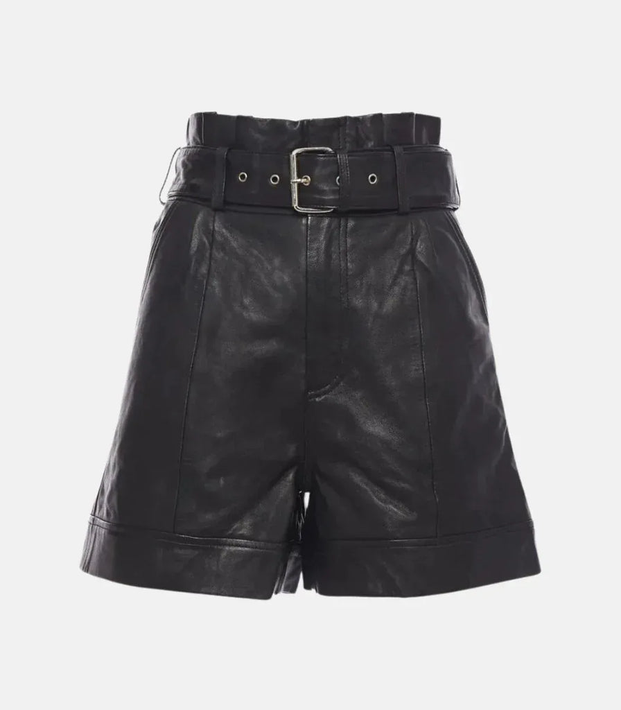 Genuine Leather Shorts Women High Waist A Line Belted Black