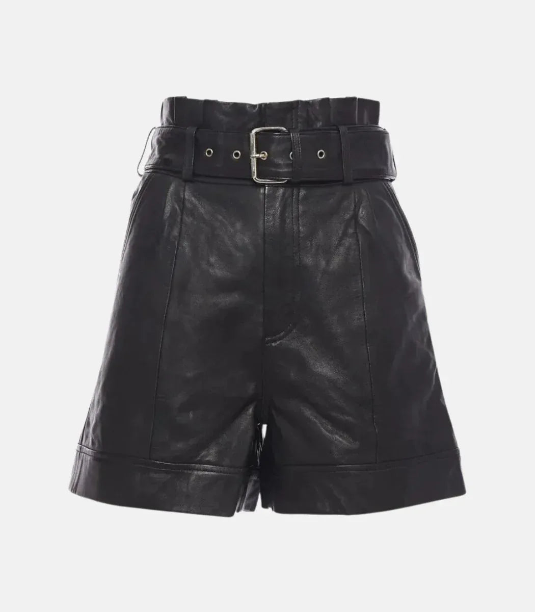 Genuine Leather Shorts Women High Waist A Line Belted Black
