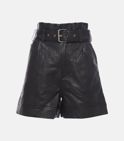 Genuine Leather Shorts Women High Waist A Line Belted Black