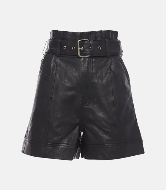 Genuine Leather Shorts Women High Waist A Line Belted Black