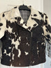Cowhide jacket with fringe made from authentic cow hide—Western-inspired design for men and women with bold cow print and suede tassel details.

