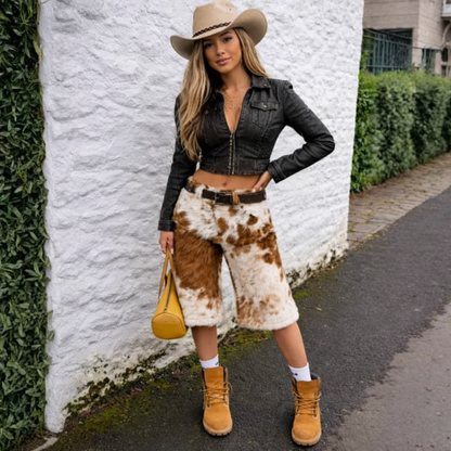 Hair on cowhide bermuda shorts western women