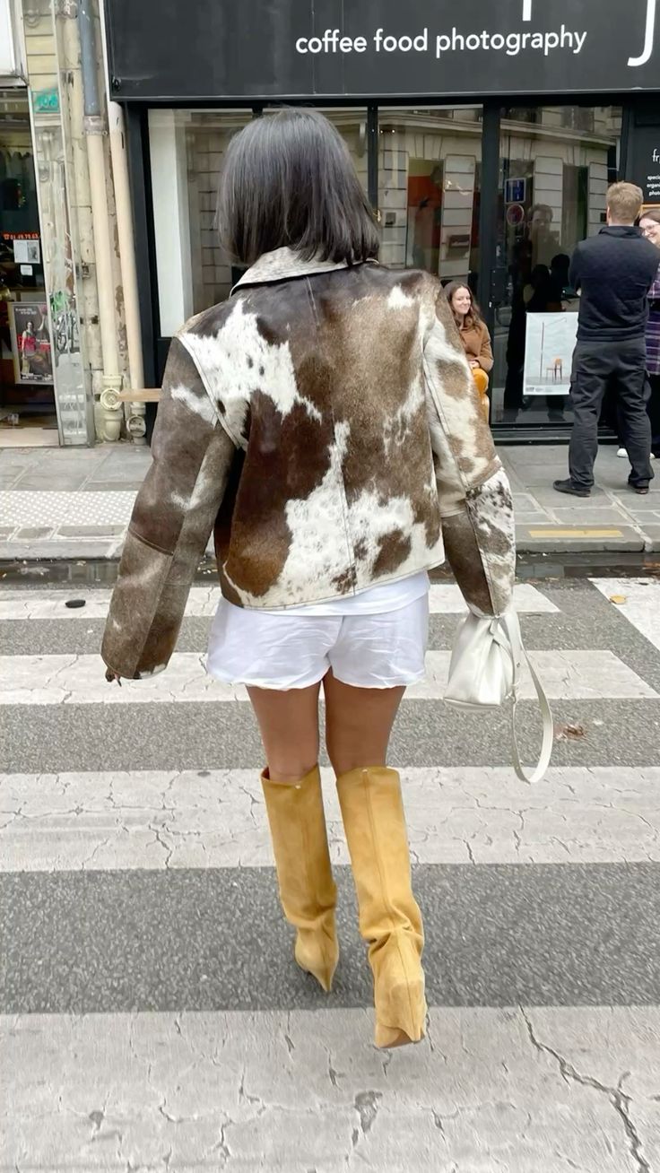 Women cowhide jacket brown fur leather coat cropped