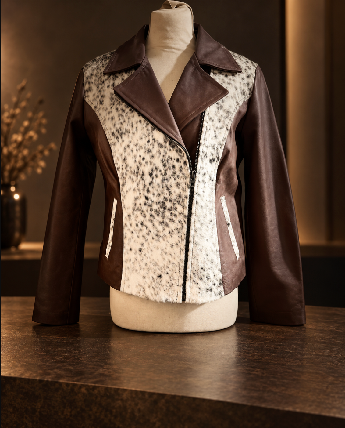 Cowhide Coat for Women in Brown Leather and White Hair-on Hide