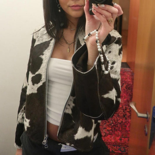 Women tricolor cowhide jacket real hair on hide cow print