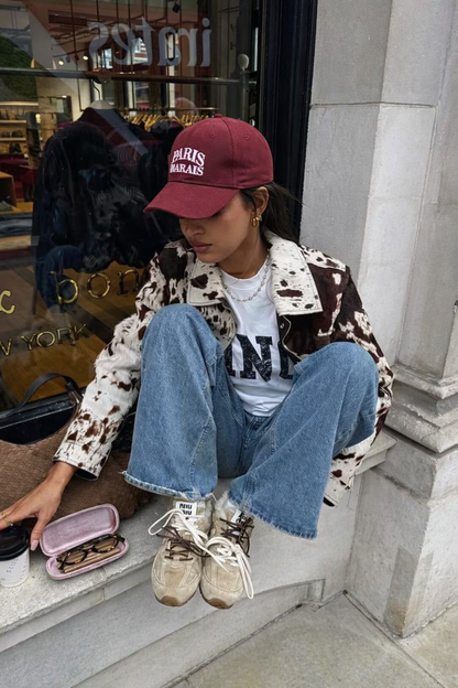 Cowhide jacket women brown white cropped western street style coat