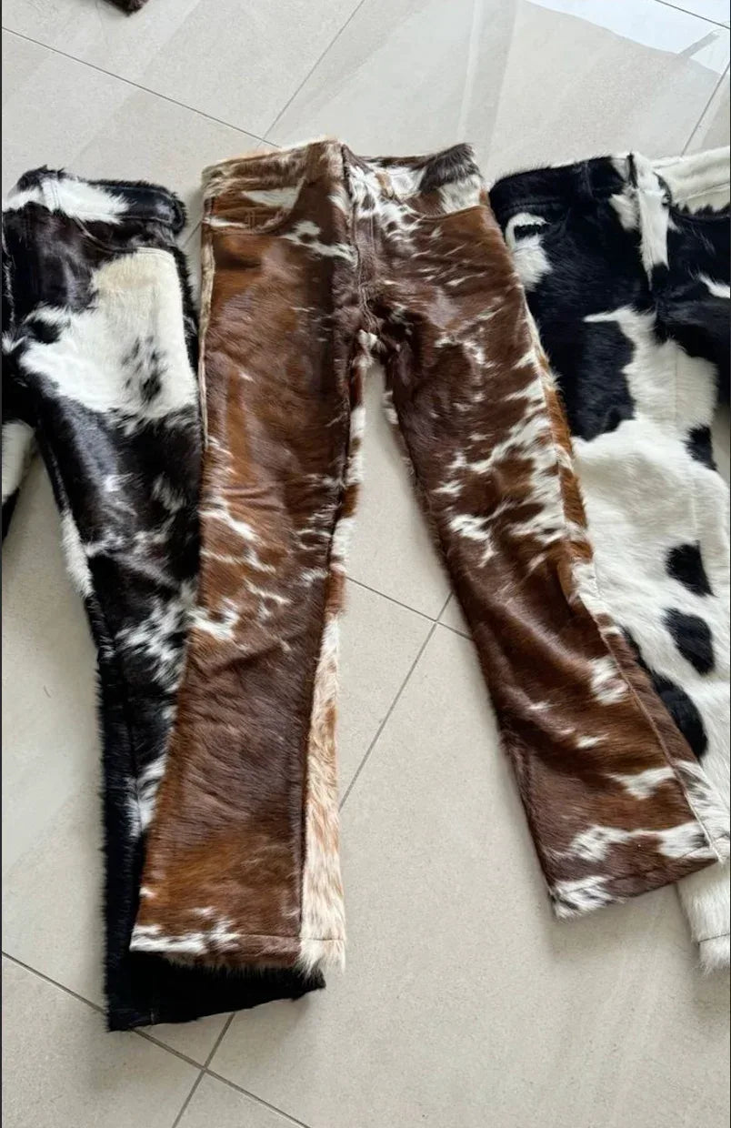 Brown Cowhide Pants Women Hair On Leather Trousers