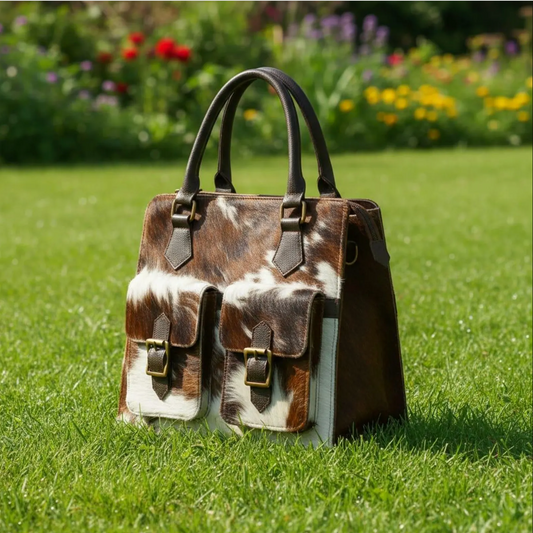 Brown white cowhide pocket tote bag