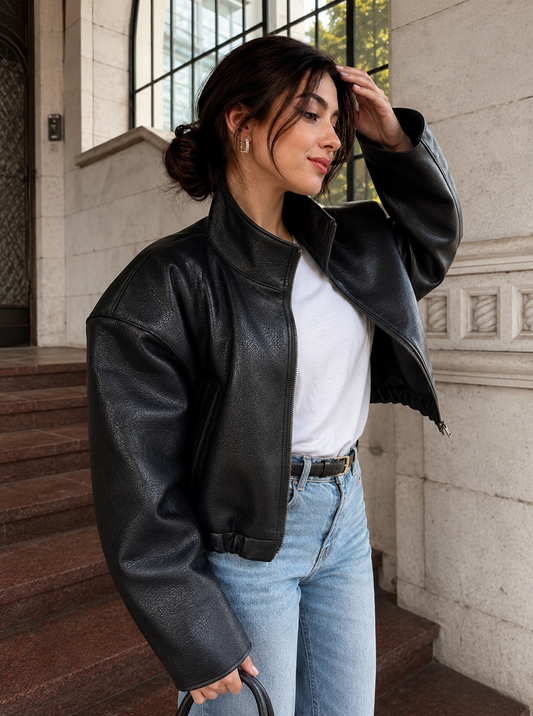 Women cropped leather jacket for commuter style