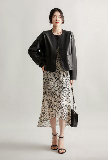 Round neck cropped sheepskin leather jacket 3 M