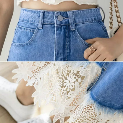 High Waisted Denim Midi Skirt with Lace Hem