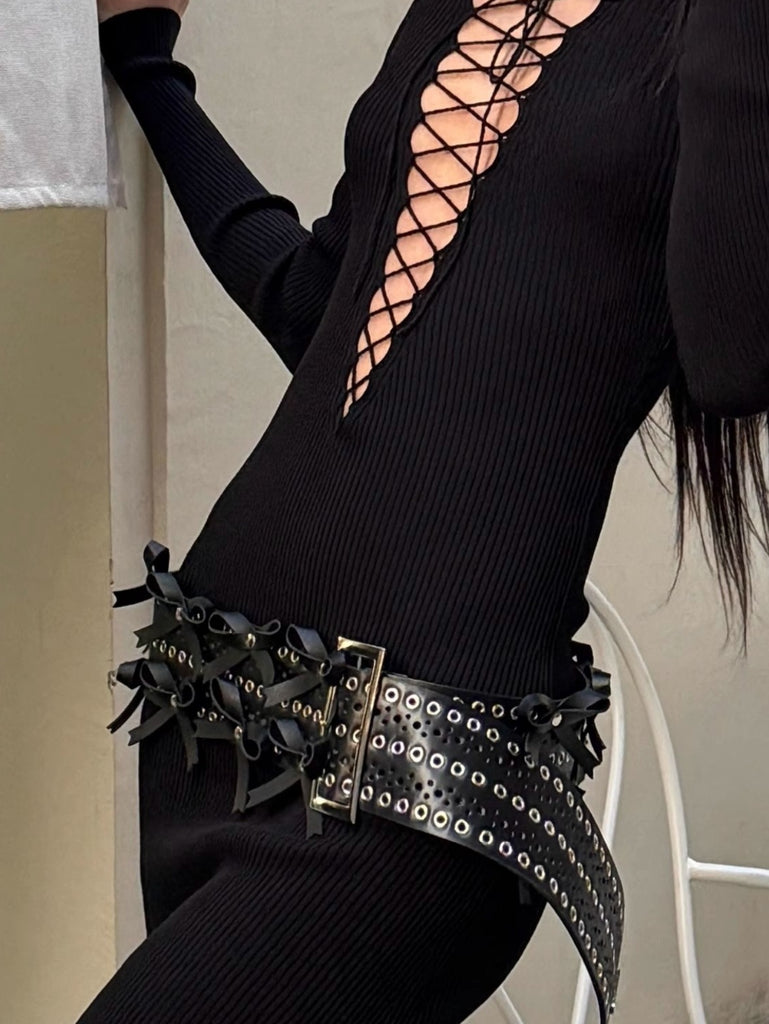 Black rivet bow belt women wide low waist buckle