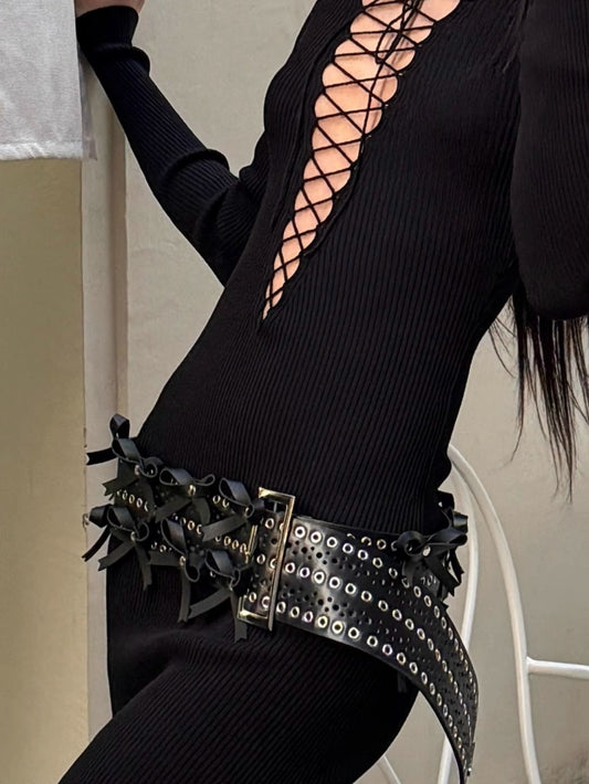 Black rivet bow belt women wide low waist buckle