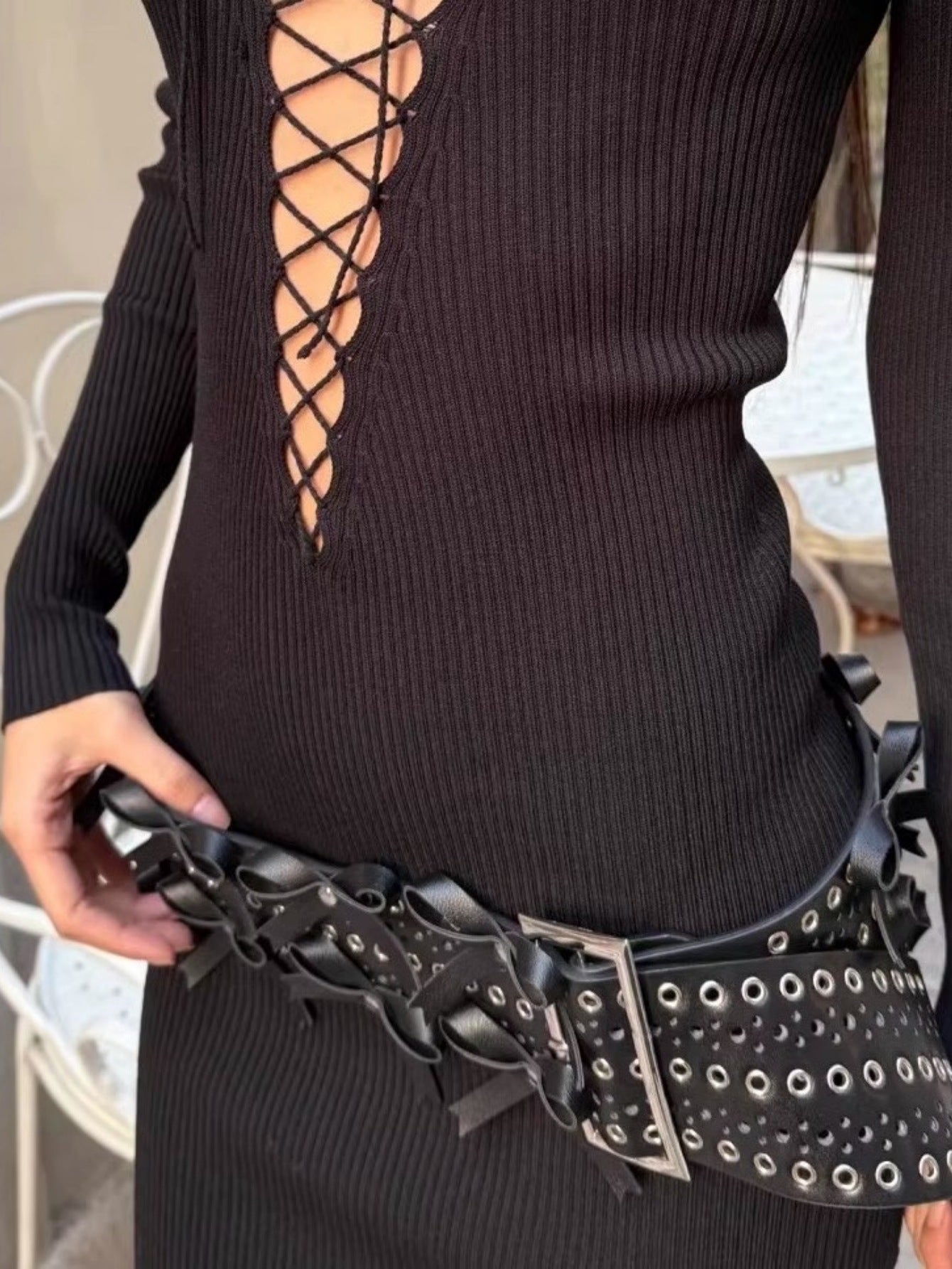 Black rivet bow belt women wide low waist buckle