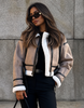 Brown Faux Leather Aviator Jacket for Women with Faux Shearling Collar