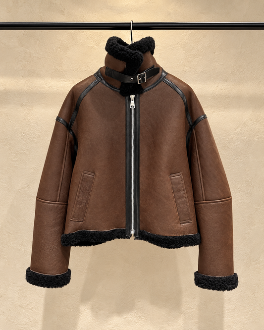 Women's Sheepskin Leather Bomber Jacket with Black Fur Collar