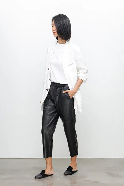 Women Brown Leather Pants Elastic Waist