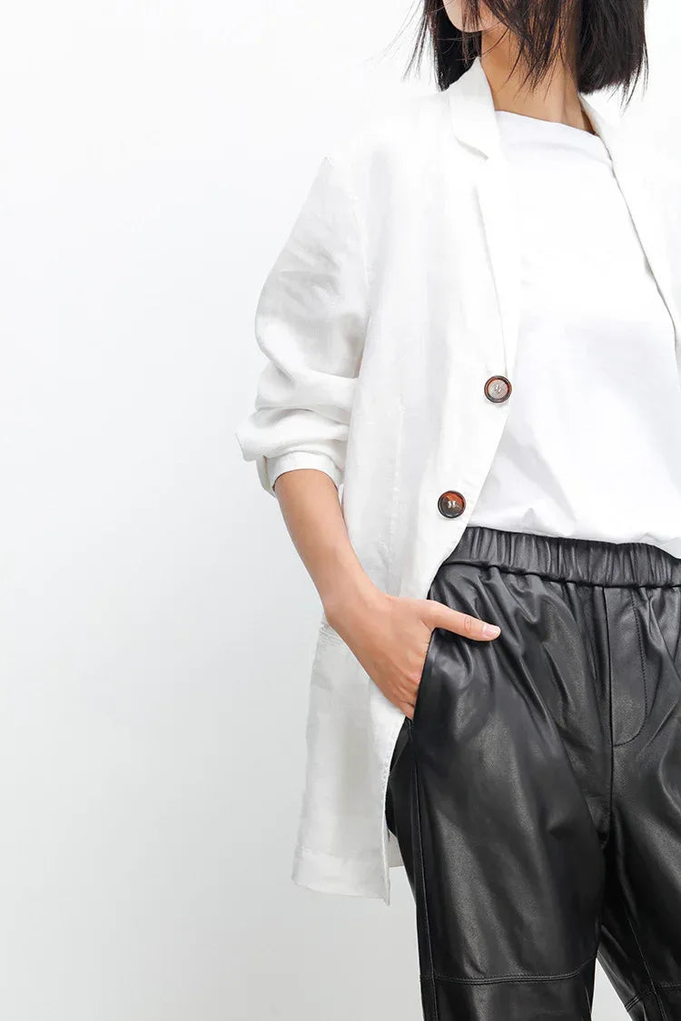 Women Brown Leather Pants Elastic Waist