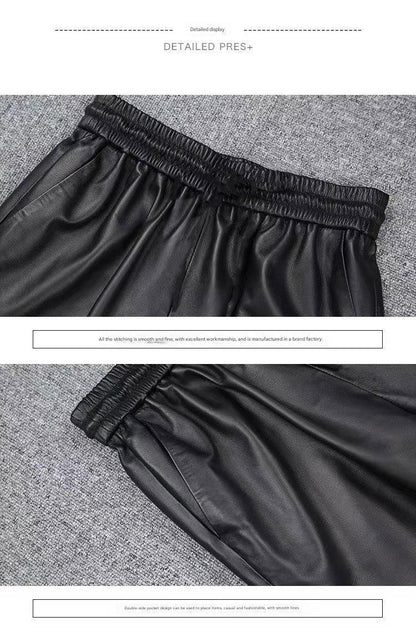 Women Leather Pants High Rise Black Cuff Trousers