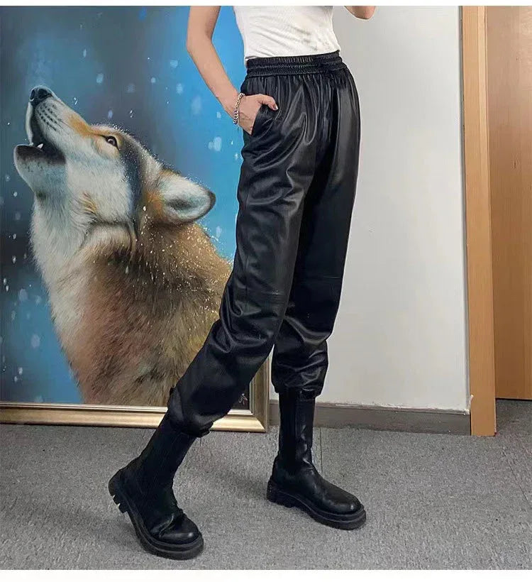 Women Leather Pants High Rise Black Cuff Trousers