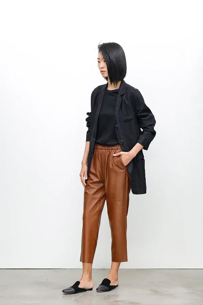 Women Brown Leather Pants Elastic Waist Brown S
