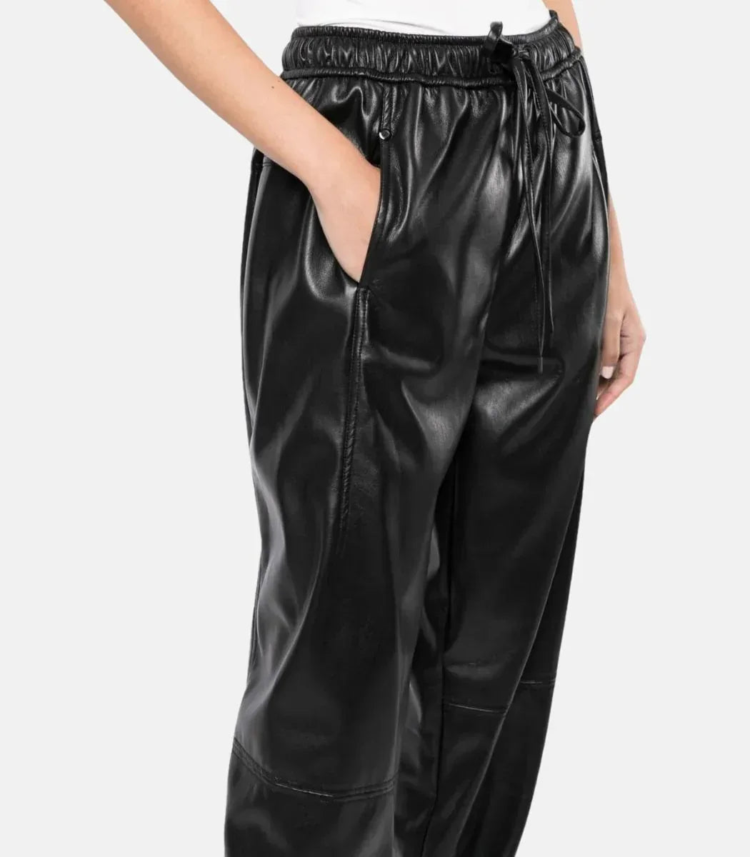 Ladies leather trousers women elastic waist drawstring black