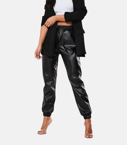 women genuine leather pants slim fit black elastic waist trousers