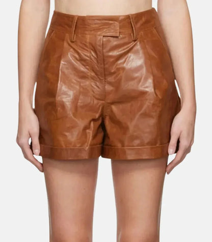 High Waist Genuine Leather Shorts for Women in Brown Soft Fit