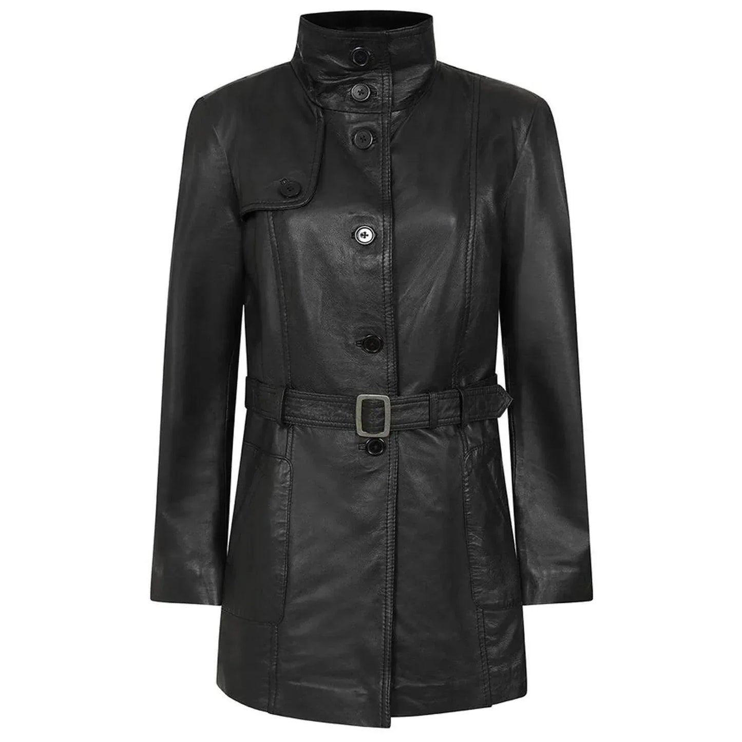 Women Black Leather Genuine Long Coat