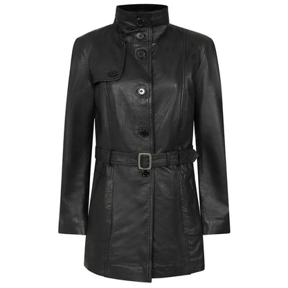 Women Black Leather Genuine Long Coat