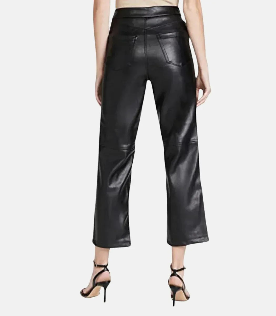 High waist leather trousers women double button black cropped