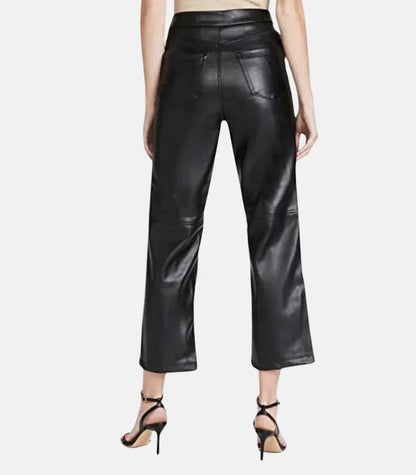 High waist leather trousers women double button black cropped